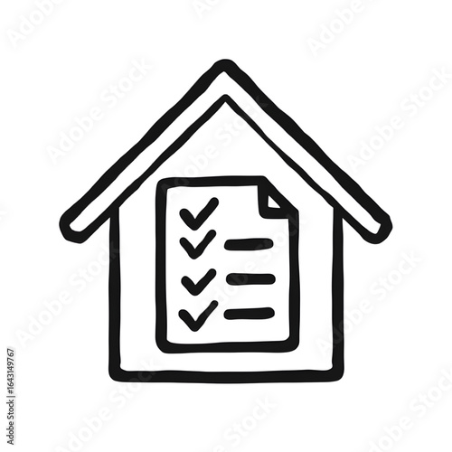 Home Checklist Concept: An illustration of a house frame, framing a checklist, symbolizing the idea of home management, property tasks or tasks within the house. 