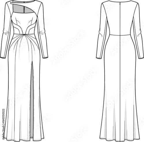 Long sleeve evening gown, asymmetrical neckline maxi dress, formal floor length dress, cut out bodice gown, elegant fitted evening dress, fashion sketch