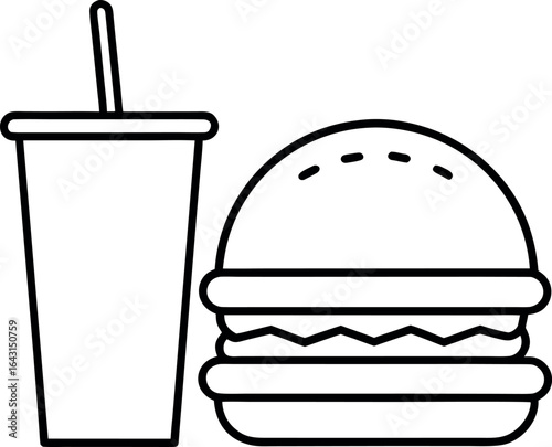 Burger soda drink fast food meal simple vector line art illustration