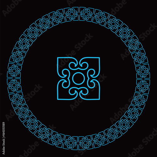 Simple line art features an abstract geometric motif within a decorative round frame.