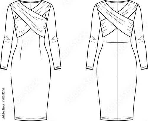 Women’s bodycon dress, long sleeve cocktail dress, criss-cross front design, knee length, fitted sheath dress, fashion flat sketch, CAD illustration