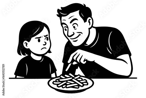 Father Offers French Fries to Disgruntled Child: A Humorous Everyday Scene