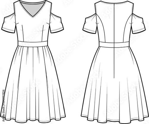 Women’s cold shoulder A-line midi dress with V-neck and short sleeves – summer casual flowy swing party sundress