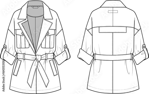 Women’s belted utility jacket with wide lapel collar, flap pockets, and rolled sleeves – casual lightweight spring fall outerwear coat