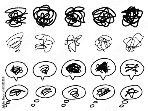 もやもや・混乱・ストレスのイメージアイコンセット｜手描き風の吹き出しや線画｜Emotional Doodles – Confusion & Stress Icons in Hand-drawn Style