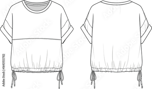 Casual cropped drawstring t-shirt with cuffed sleeves, round neck, relaxed fit, fashion flat sketch front and back view illustration