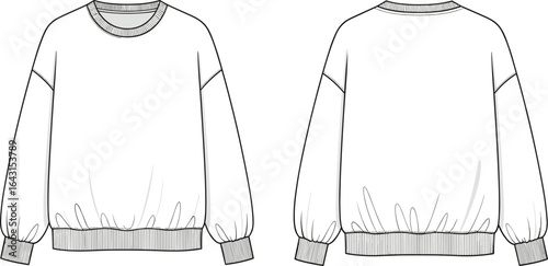 Basic crewneck sweatshirt with ribbed neckline, cuffs, and hem, oversized fit, casual pullover fashion flat sketch front and back view