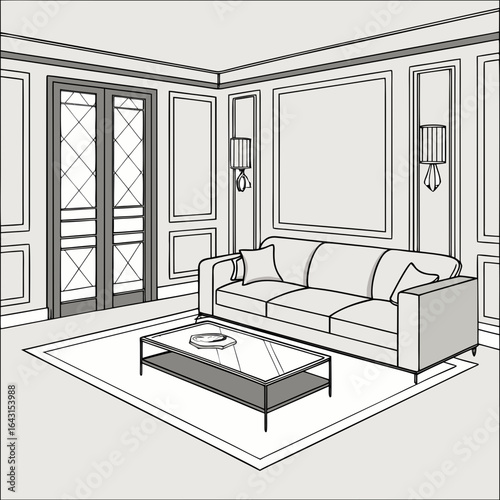A linear illustration showing a formal living room. A sofa and coffee table sit in front of a wall with sconces and paneled woodwork.

