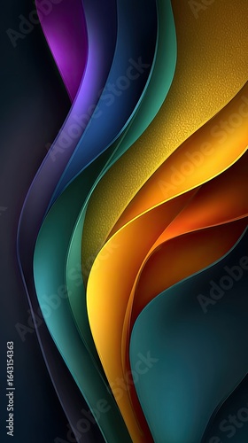 Abstract layered curves of vibrant colors against a dark background