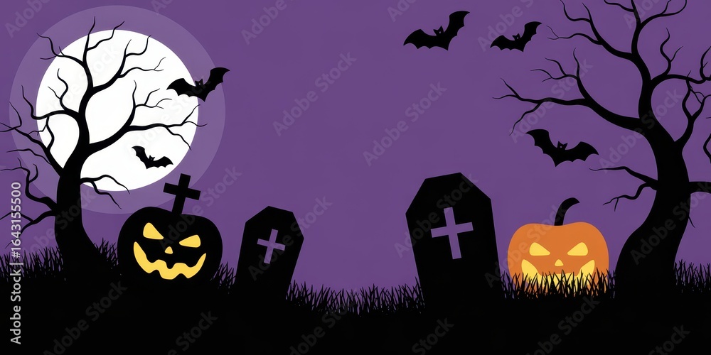 Spooky Halloween Scene with Pumpkins, Bats, and Graveyard Silhouette Spooky Halloween Scene with Pumpkins, Bats, and Graveyard Silhouette