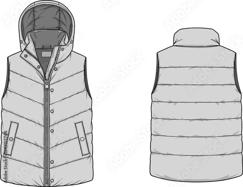 Men’s hooded puffer vest CAD – sleeveless quilted gilet with detachable hood, zipper and snap front, and angled pockets