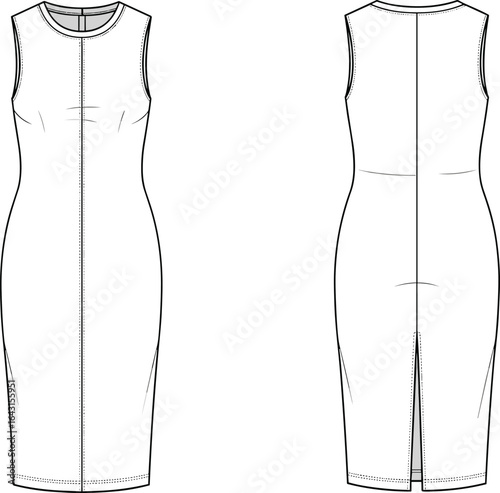 Women’s sleeveless sheath dress CAD template – fitted midi dress with back slit and crew neckline fashion flat sketch