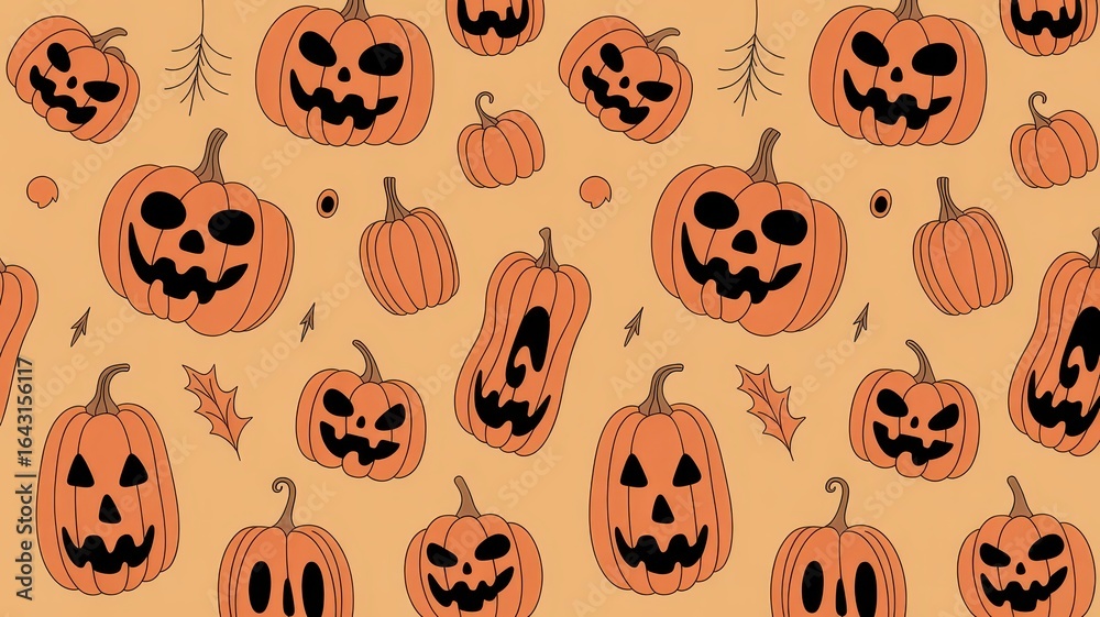 Fototapeta premium Festive Halloween Pumpkin Pattern with Creepy Faces and Leaves