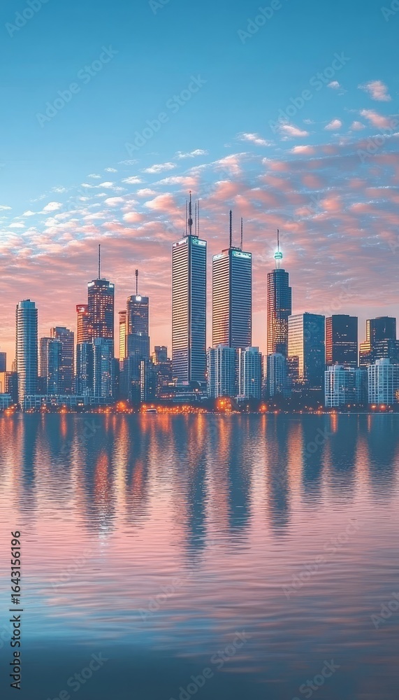 Obraz premium Stunning Urban Sunrise Over City Skyline, Reflections on Water Creating a Serene Morning Scene