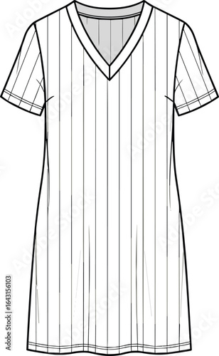 Women’s V-neck short sleeve dress CAD template – loose fit, casual tunic style flat fashion sketch for clothing design