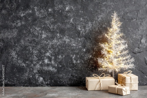 Festive christmas tree with wrapped gifts against a textured wall.