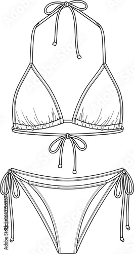Women’s string bikini CAD template – triangle top and tie-side bottom flat fashion sketch for swimwear design and beachwear inspiration