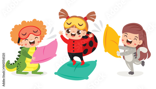 Cartoon Kids Playing Pillow Game