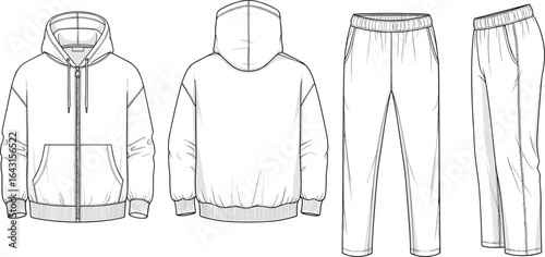 Women’s crew neck sweatshirt CAD with ribbed hem and cuffs – front and back flat fashion sketch for apparel design
