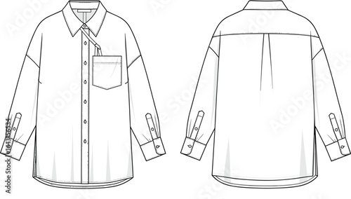 Women's oversized button-up shirt CAD template – long-sleeve front and back flat fashion sketch for casual and formal wear design