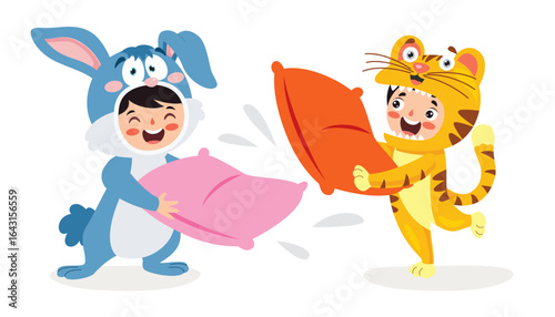 Cartoon Kids Playing Pillow Game
