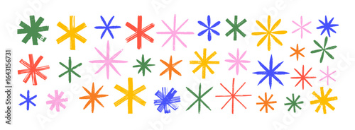 Various crayon drawn asterisks and star shapes. Colorful brush drawn asterisks, vector funky geometric figures. Grunge bold and thin forms. Naive playful typography design elements. Rough symbols.