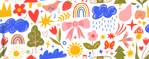 Crayon drawn kid doodles seamless pattern. Funky chalk kid drawings.