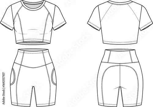 Women’s activewear set CAD with cropped short sleeve top and high waist biker shorts, front and back technical sketch