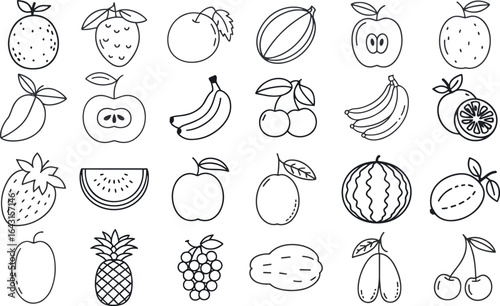 hand drawn fruit icon set, children, set, graphic, vignetting, hand-drawn, isolated, illustration, clip art, apple, art and more vector illustration