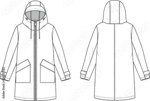 Women’s hooded parka flat sketch, long sleeve winter coat fashion CAD template with zipper front and patch pockets for sewing