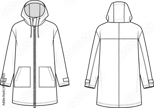 Women’s hooded mid-length parka coat flat sketch with front zipper, drawstring hood, patch pockets, and adjustable sleeve tabs CAD template