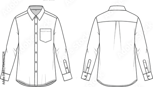 Classic long sleeve button-up shirt flat sketch with front pocket, collar, cuffs, unisex fashion CAD template for casual or formal wear