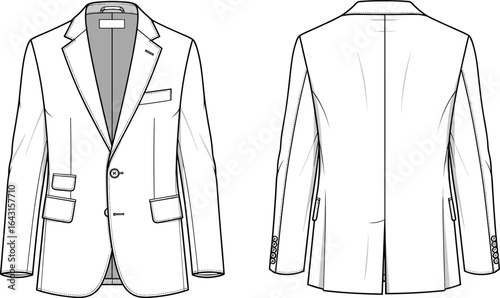 Men’s tailored blazer technical flat sketch with notch lapel, front and back view, fashion CAD jacket template for designers