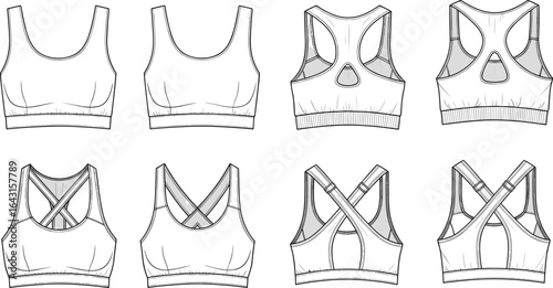 Women’s sports bra technical flat sketch with racerback and crossback styles, activewear fashion CAD drawing, front and back vector template