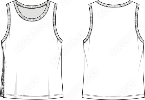 Sleeveless tank top technical flat sketch, front and back vector CAD drawing, basic knitwear fashion design template for apparel illustration