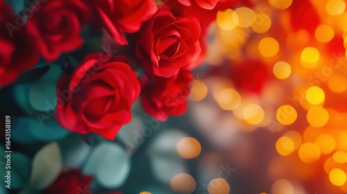 Red roses bloom beautifully against a glowing background of warm colors