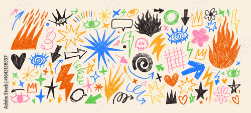 Colorful crayon drawn punk tattoo stickers. Collection of flame icons, fire, lightnings, eye shapes.