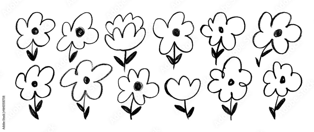 Fototapeta premium Crayon drawn funky chamomile flowers collection. Hand drawn chalk or pencil daisies. Crayon vector botanical illustration. Simple cute childish flowers. Meadow vector plants.