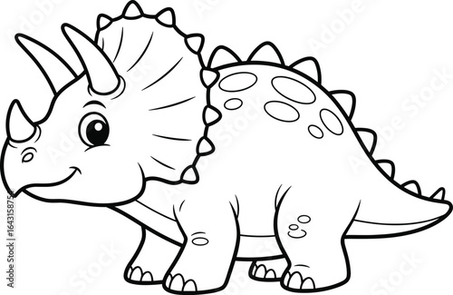 Cute triceratops dinosaur cartoon coloring page, prehistoric animal illustration for kids, educational drawing activity, flat vector, CAD drawing design