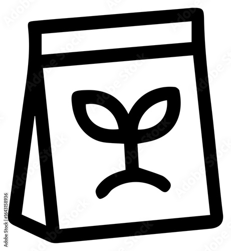 Simple black and white line art seed bag icon with a plant sprout symbol