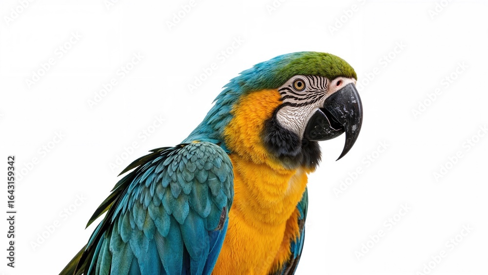 Group of colorful macaw birds against a white background Group of colorful macaw birds against a white background