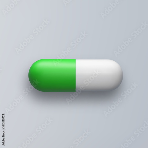 3d pill green white tablet isolated on gray background. Realistic vector medicament illustration