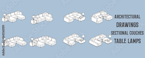 Architectural line drawings of sectional couches with side tables and table lamps in clean perspective, minimalist black and white vector illustration for modern interior design and architectural