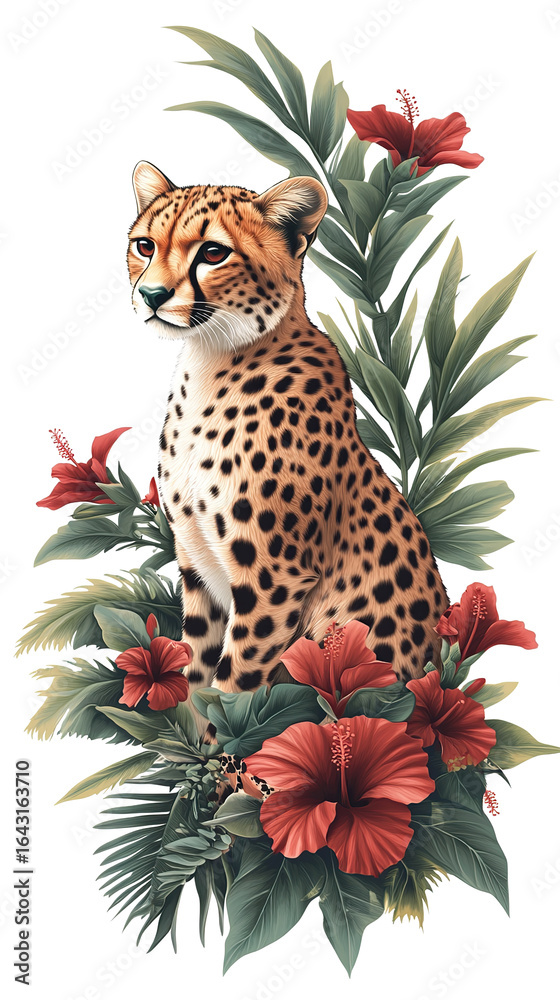 Naklejka premium A cheetah cat sits gracefully with a hibiscus flower and green leaves, isolated on a transparent background. PNG