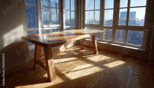 Modern wooden table by a window. Sunlight streams in