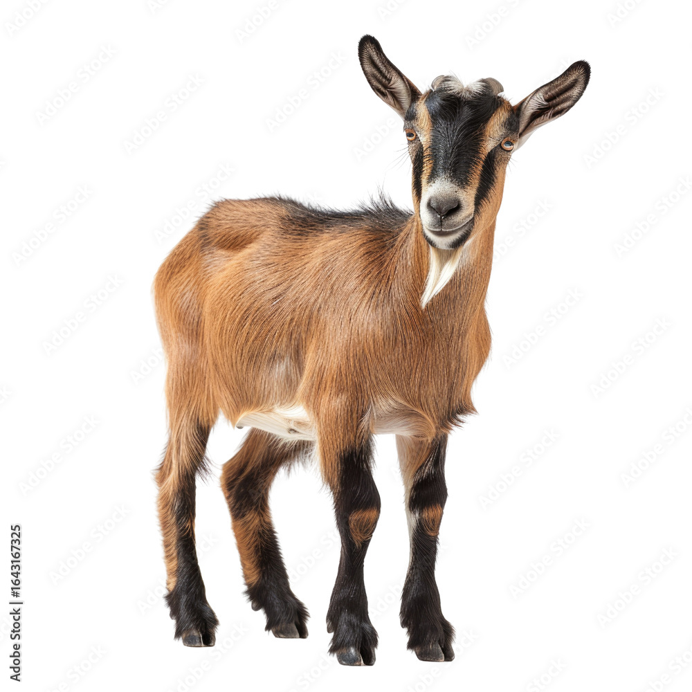 Fototapeta premium A young, light brown goat with dark markings stands against a transparent background. background removed