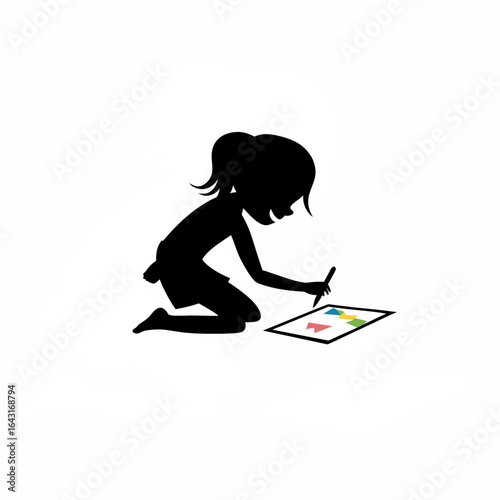 Silhouette of a smiling young girl concentrating while drawing isolated on white background