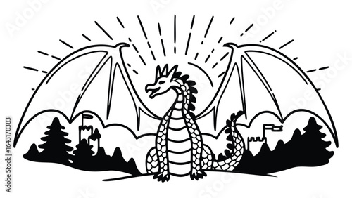 A dragon with wings spread standing in front of two castles and a forest landscape