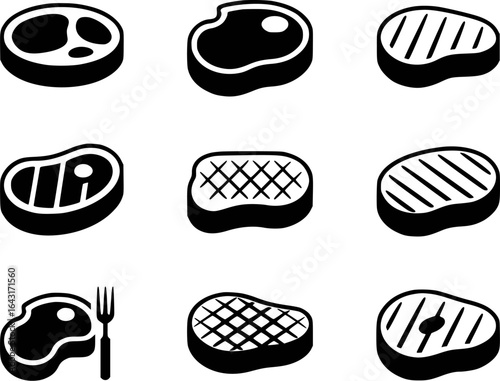 Various steak cuts and grill marks with fork meat food