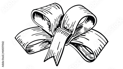 hand drawn ribbon bow with detailed line work and shading in a black and white style